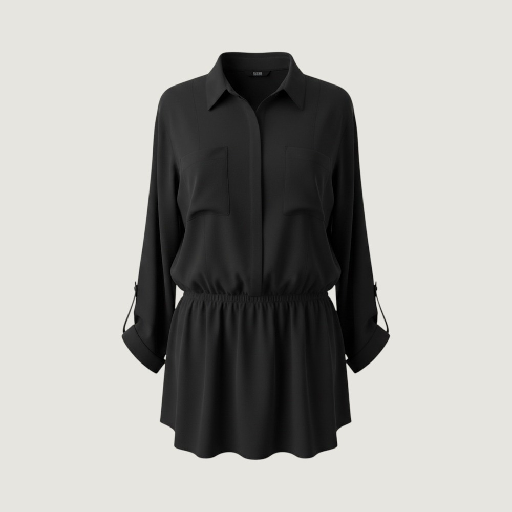 Elementz Womens Black Smocked Waist Roll Tab Sleeve Button Down Blouse Top XL